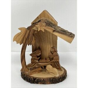 Carved Wood Nativity Scene Bethlehem Palm Tree Crèche ~4x3” Christmas Mini Tiki